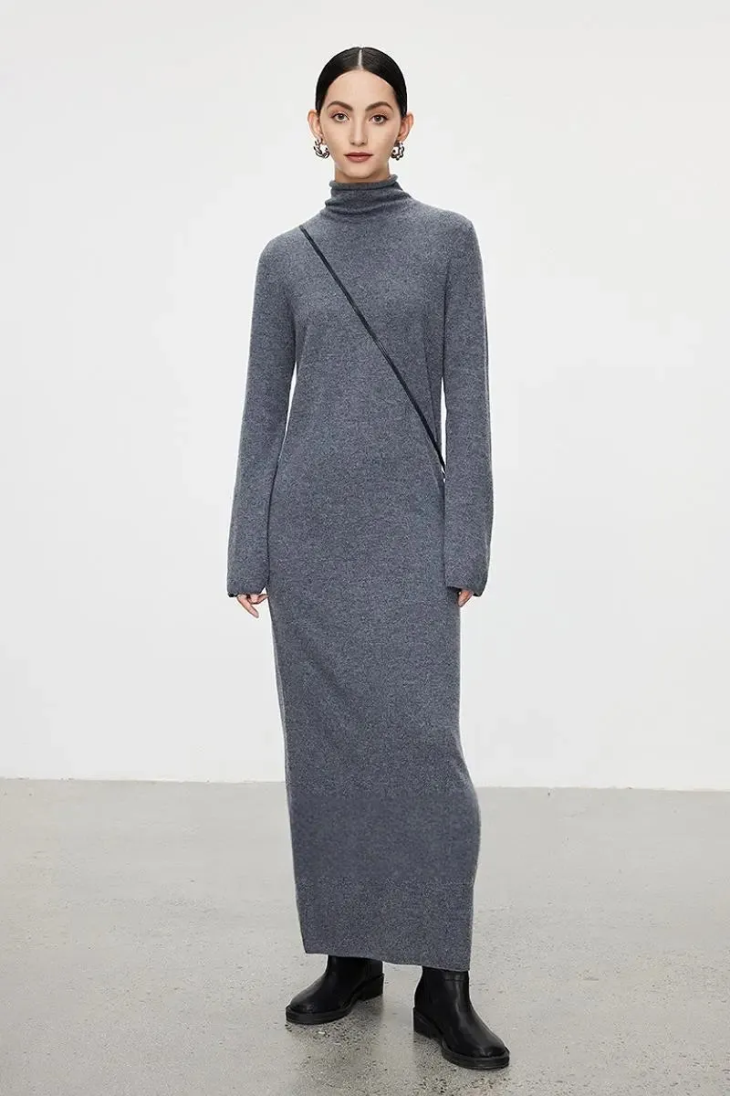 100 Wool Long Sleeve Crewneck Maxi Sweater Dress