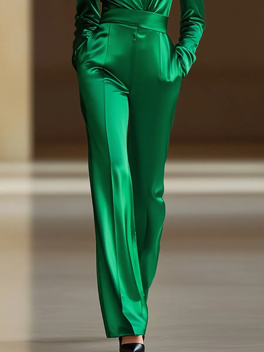 【24-hour shipping】Retro Fashion Loose V-neck Green Satin Wide-leg Jumpsuit