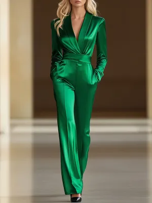 【24-hour shipping】Retro Fashion Loose V-neck Green Satin Wide-leg Jumpsuit