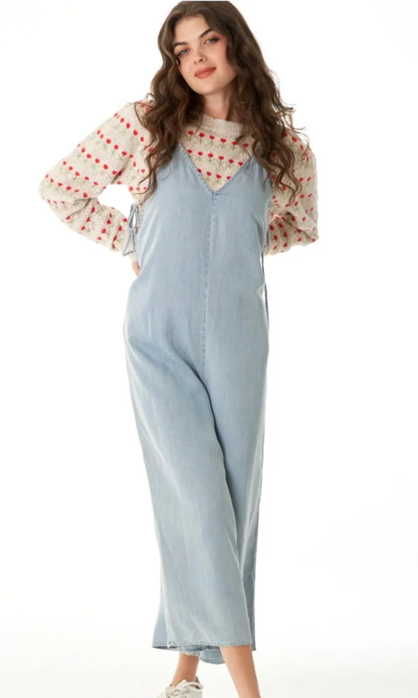 Adear Chambray Blue Side-Tie Romper Jumpsuit