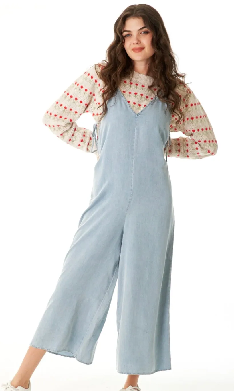 Adear Chambray Blue Side-Tie Romper Jumpsuit