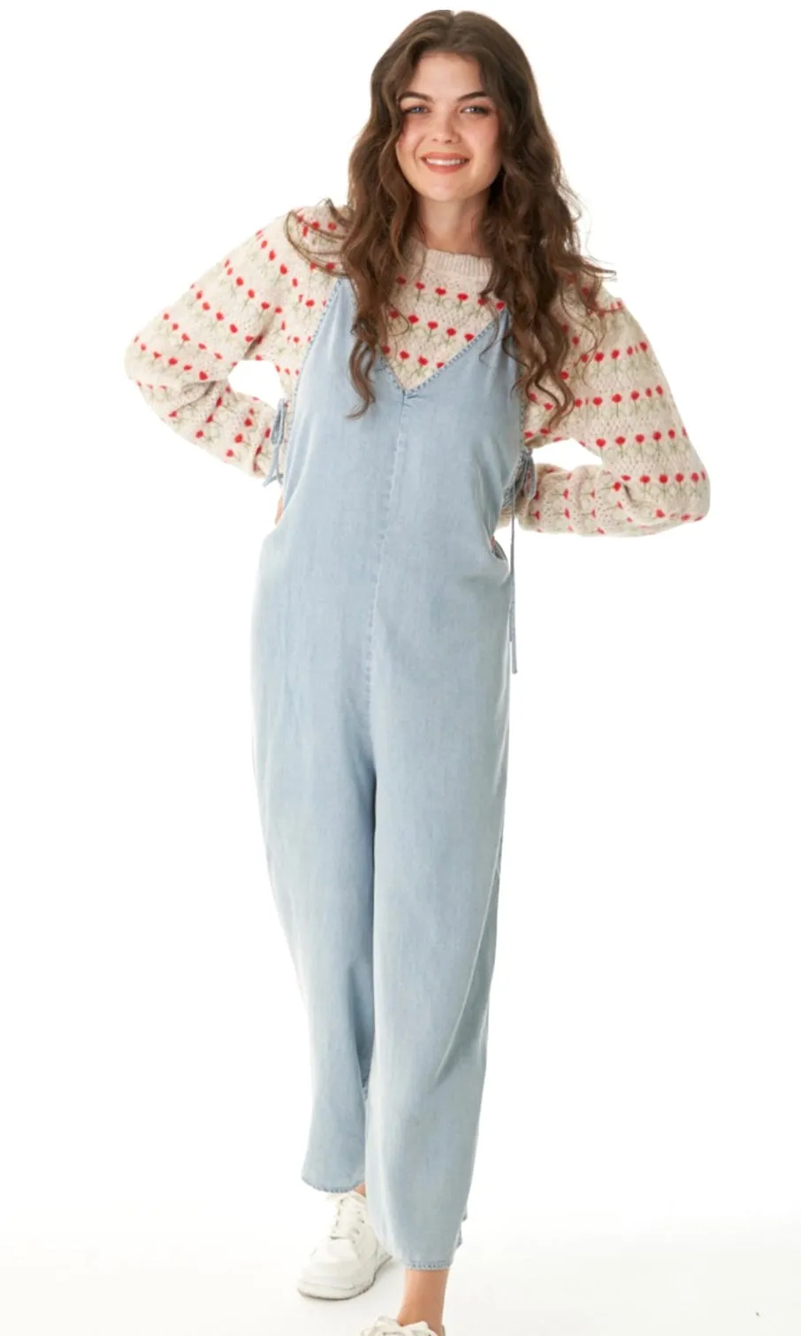 Adear Chambray Blue Side-Tie Romper Jumpsuit