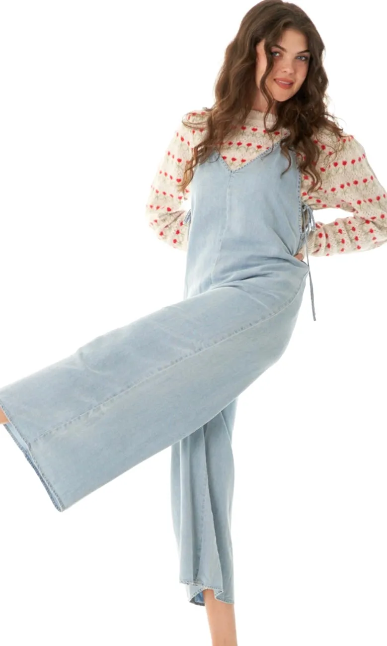 Adear Chambray Blue Side-Tie Romper Jumpsuit