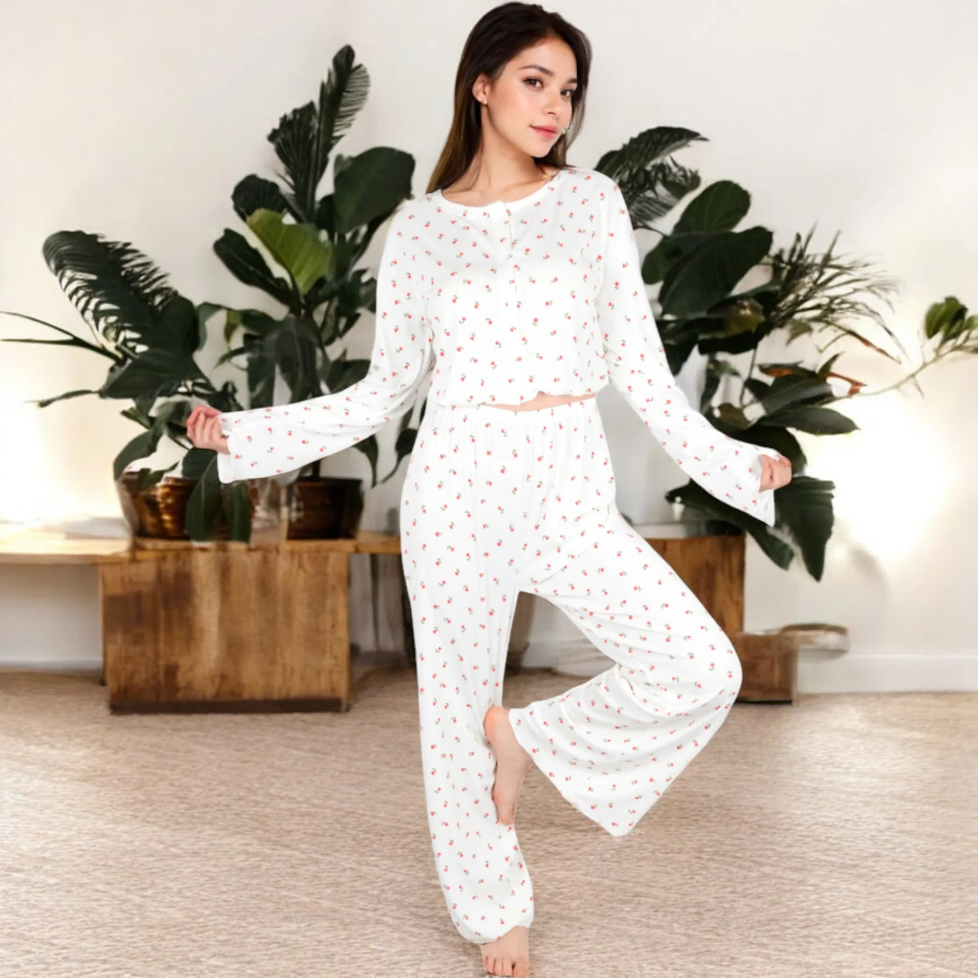 Anna-Kaci Women's Floral Print 2-Piece Pajama Set with Long Sleeve Top and Elastic Waist Relaxed Fit Pants