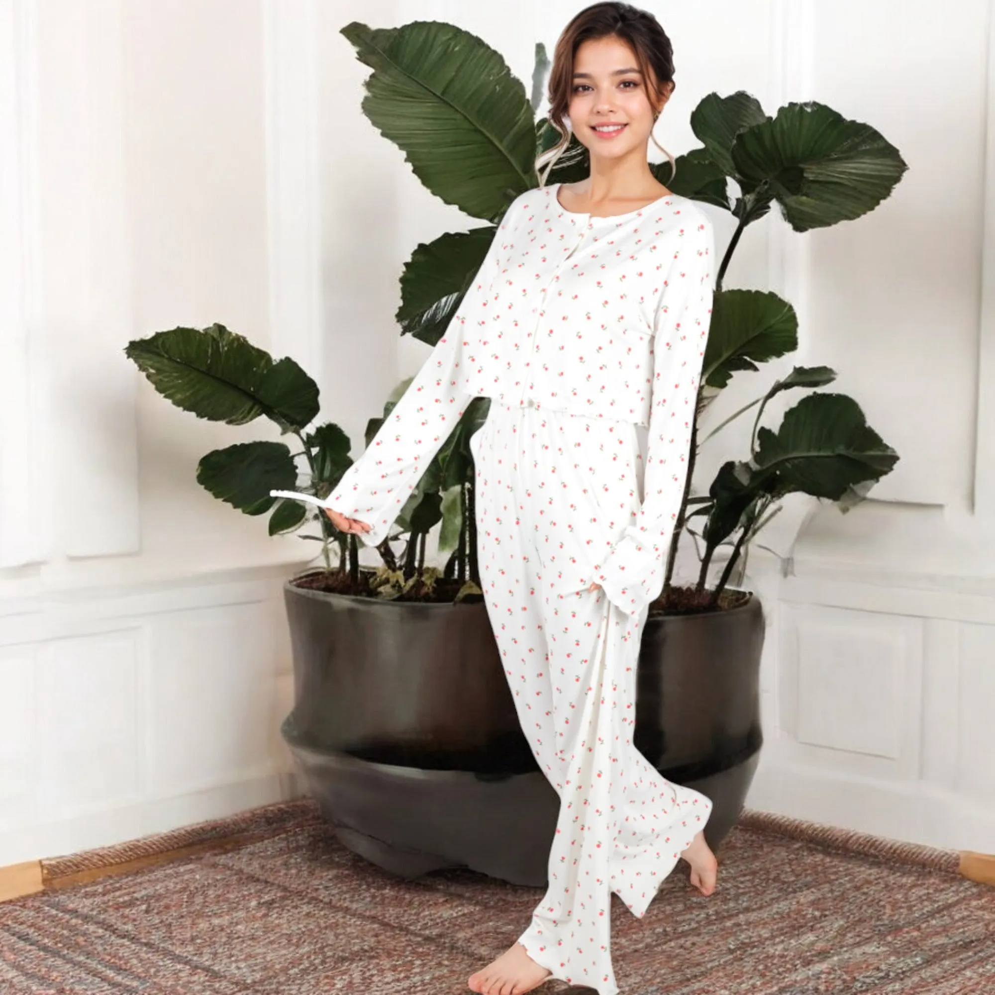 Anna-Kaci Women's Floral Print 2-Piece Pajama Set with Long Sleeve Top and Elastic Waist Relaxed Fit Pants