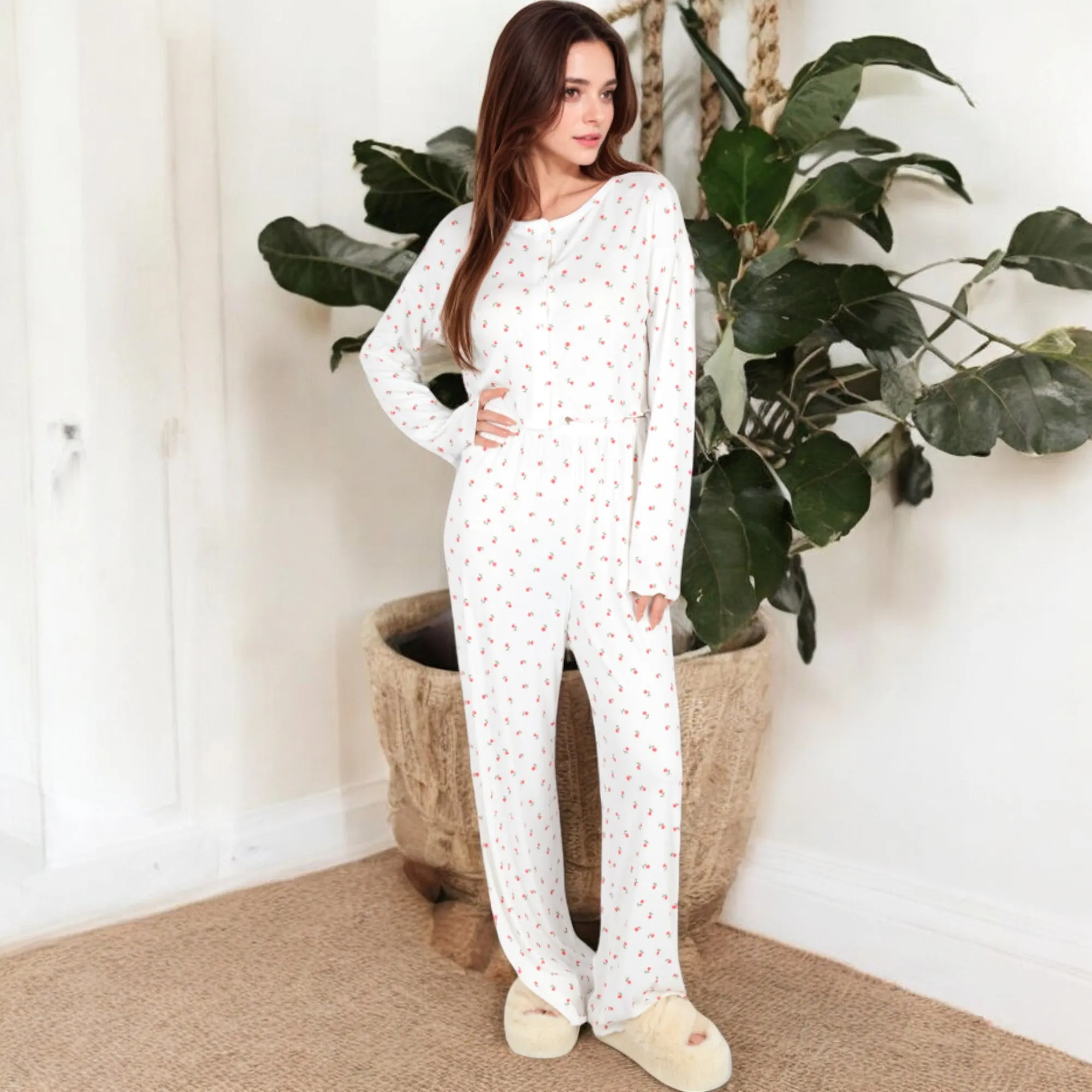 Anna-Kaci Women's Floral Print 2-Piece Pajama Set with Long Sleeve Top and Elastic Waist Relaxed Fit Pants