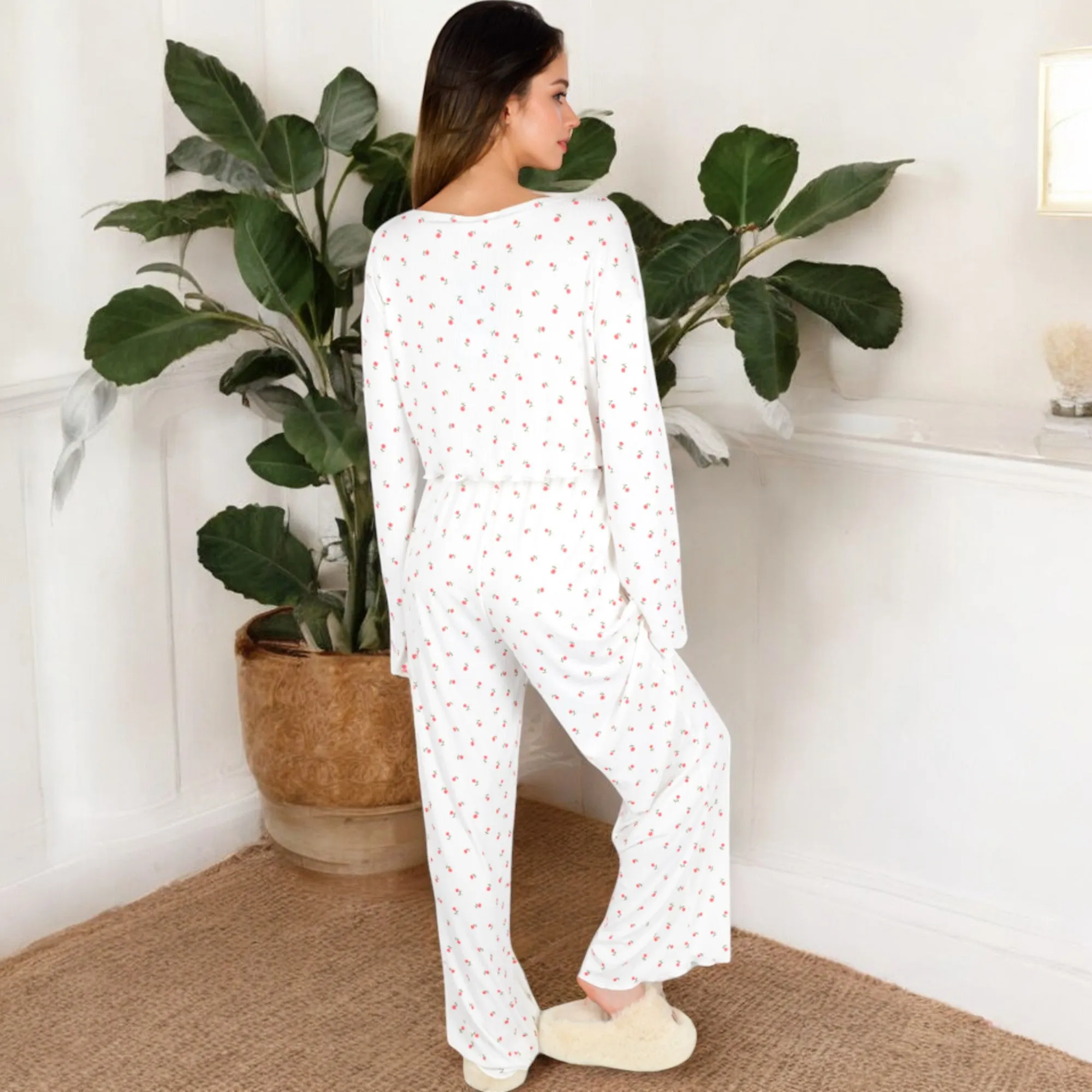 Anna-Kaci Women's Floral Print 2-Piece Pajama Set with Long Sleeve Top and Elastic Waist Relaxed Fit Pants