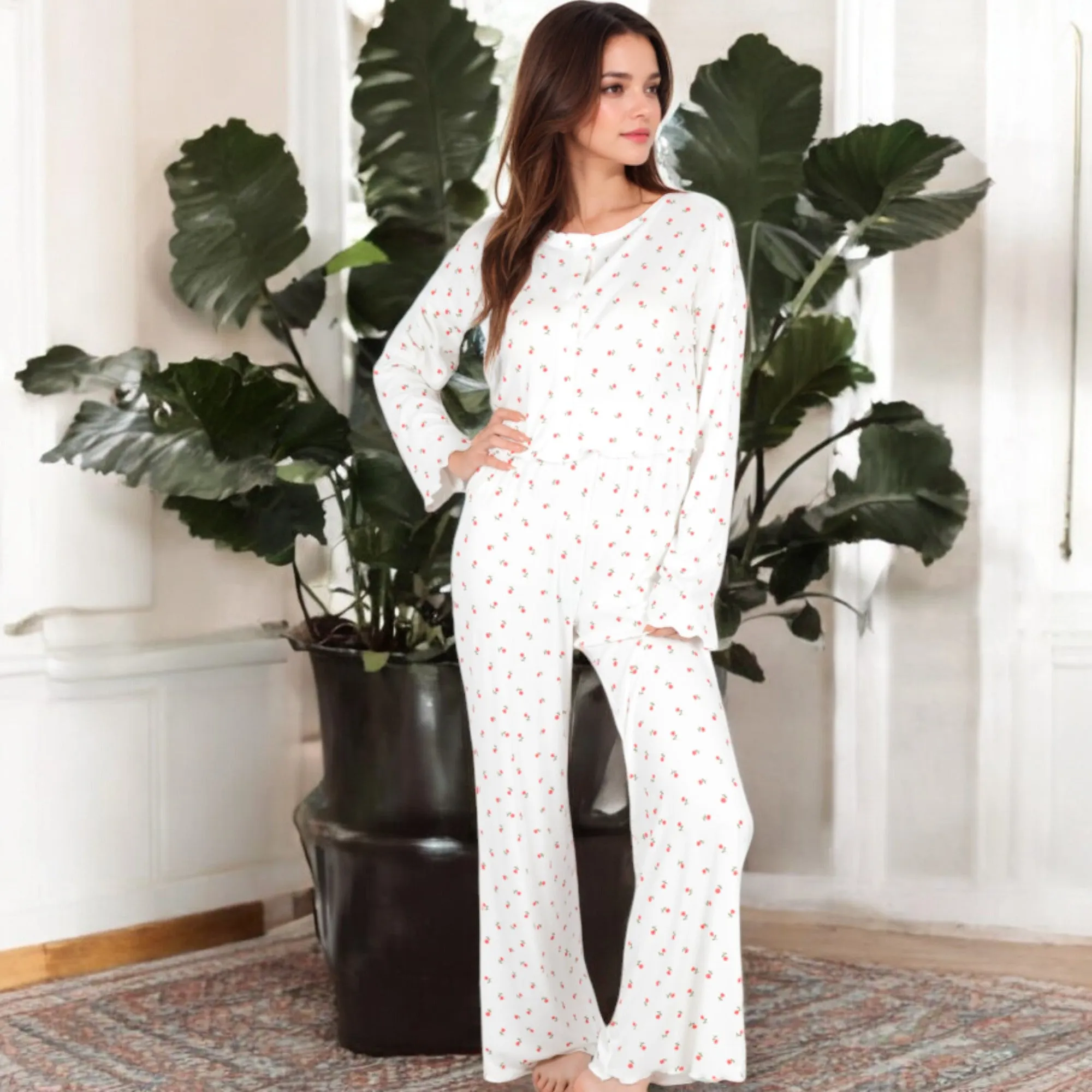Anna-Kaci Women's Floral Print 2-Piece Pajama Set with Long Sleeve Top and Elastic Waist Relaxed Fit Pants