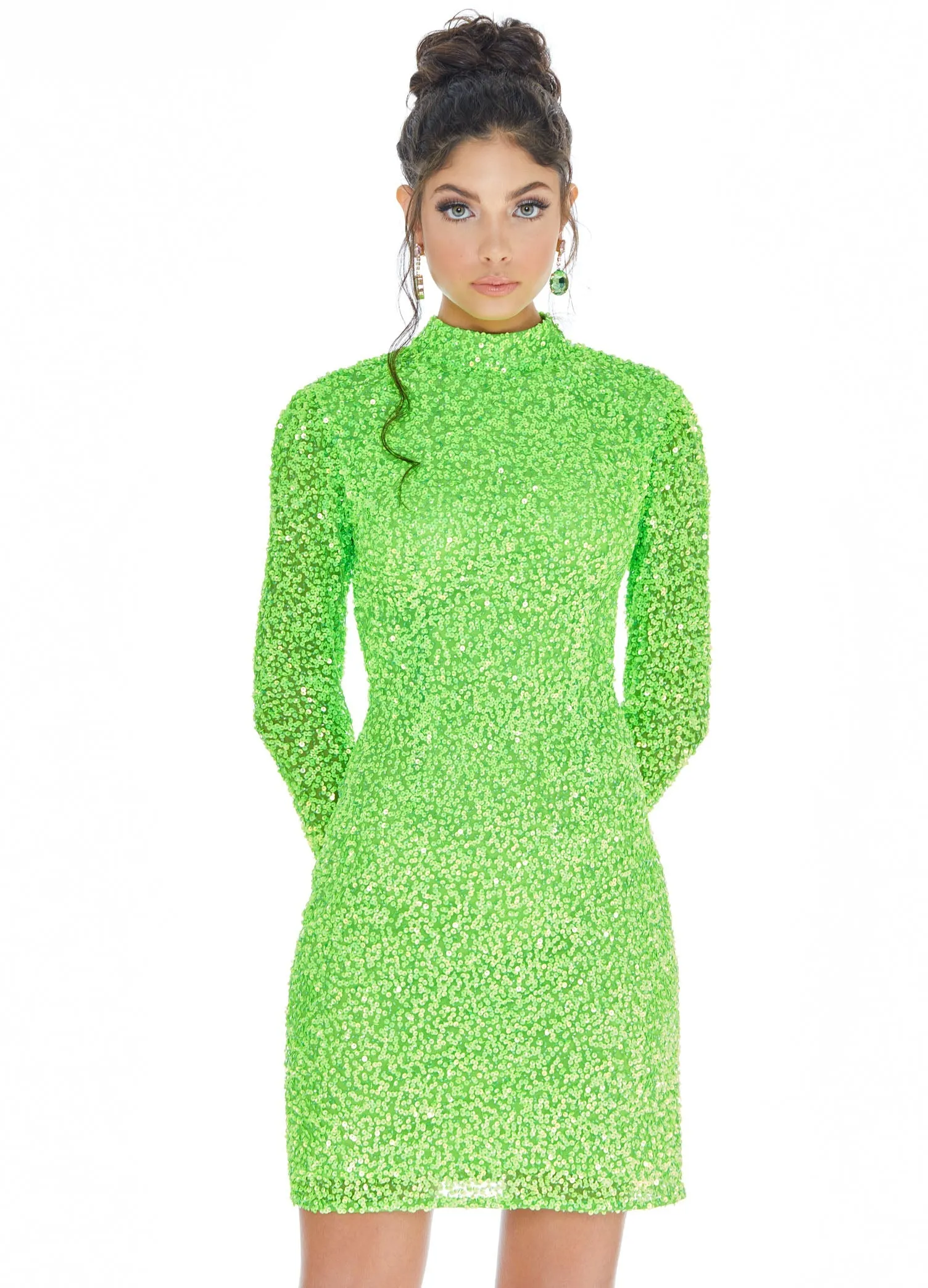 Ashley Lauren 4252 Size 4 Bright Pink Cocktail Dress long sleeve short sequin fitted homecoming dress