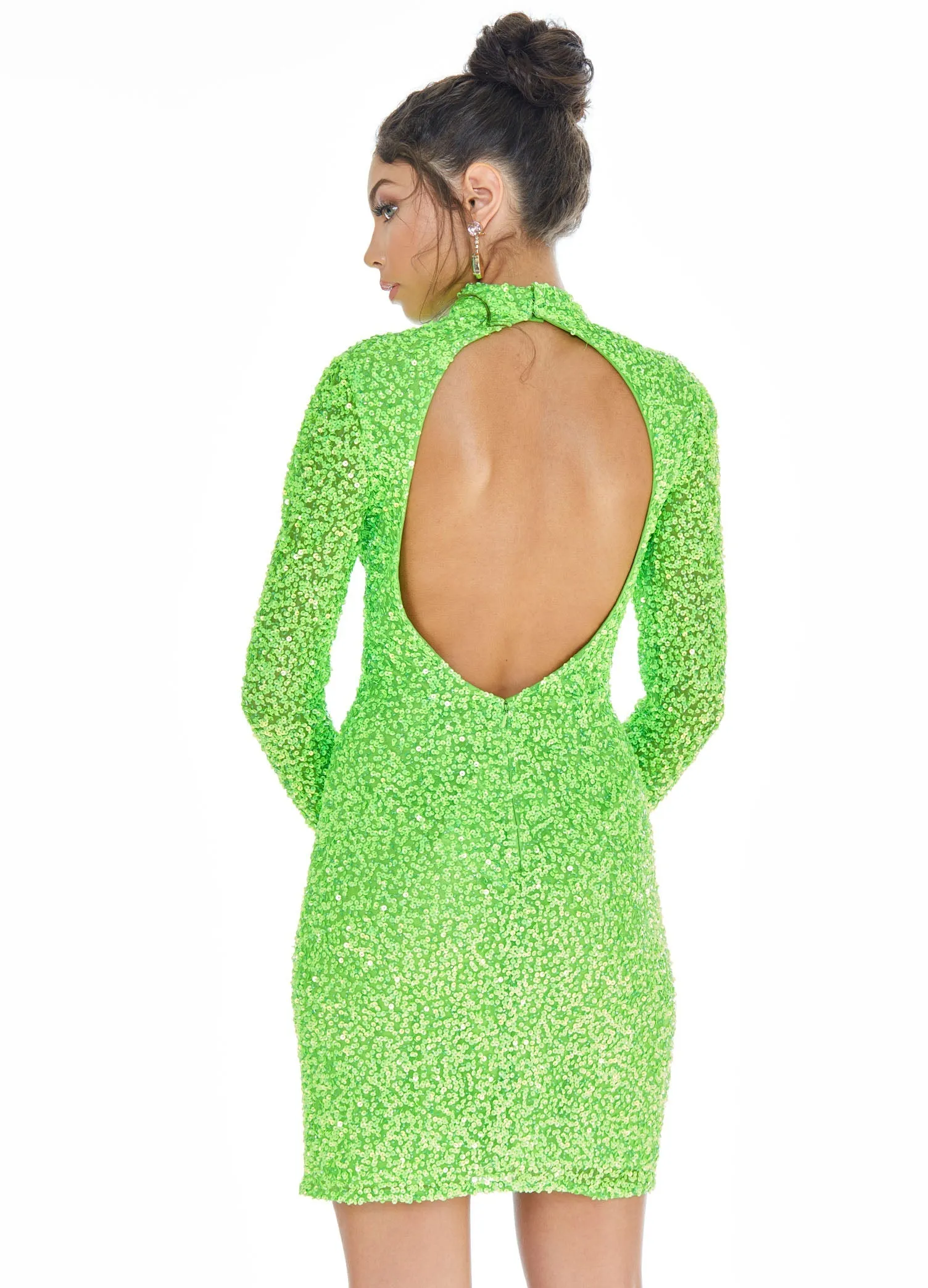 Ashley Lauren 4252 Size 4 Bright Pink Cocktail Dress long sleeve short sequin fitted homecoming dress