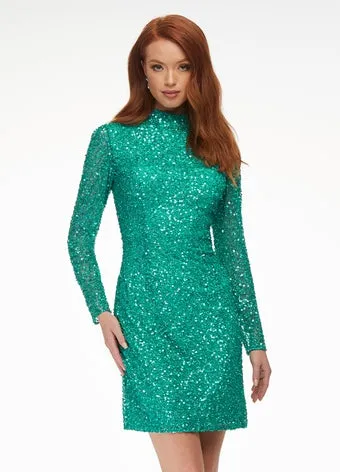 Ashley Lauren 4252 Size 4 Bright Pink Cocktail Dress long sleeve short sequin fitted homecoming dress