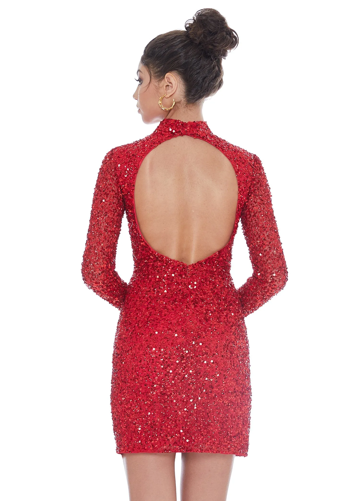 Ashley Lauren 4252 Size 4 Bright Pink Cocktail Dress long sleeve short sequin fitted homecoming dress