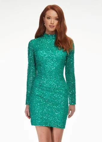 Ashley Lauren 4252 Size 4 Bright Pink Cocktail Dress long sleeve short sequin fitted homecoming dress