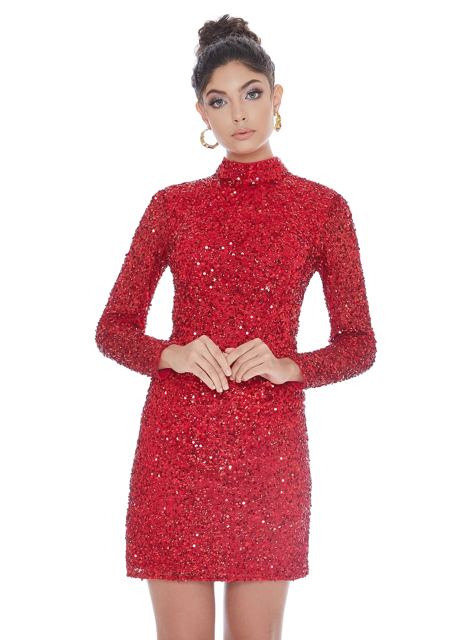 Ashley Lauren 4252 Size 4 Bright Pink Cocktail Dress long sleeve short sequin fitted homecoming dress