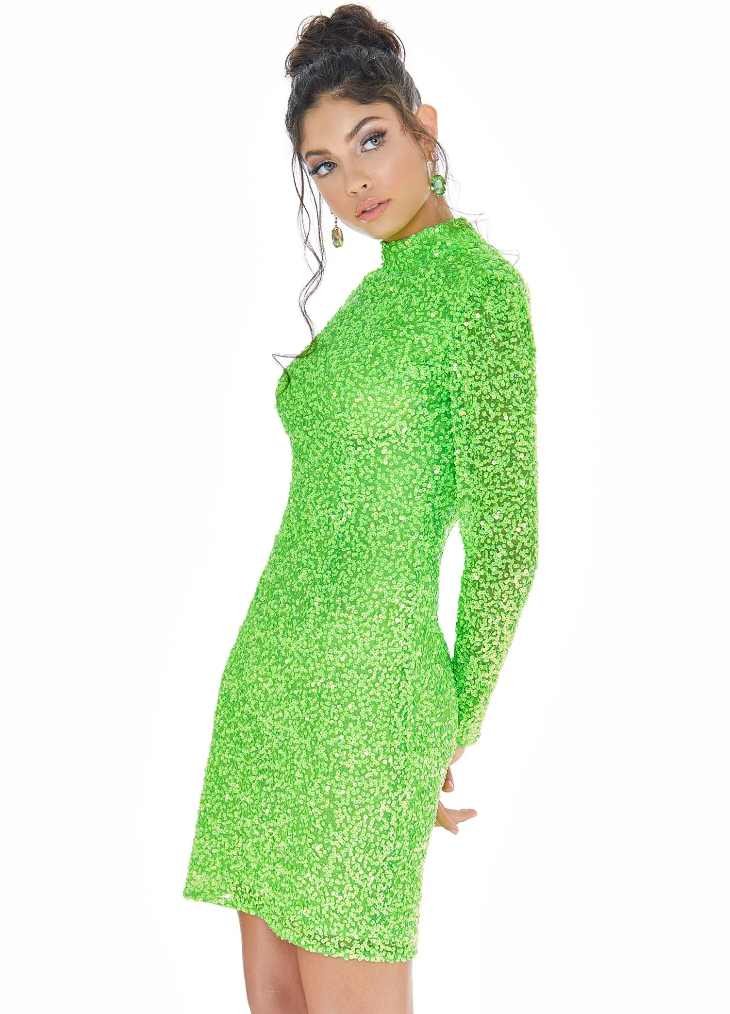Ashley Lauren 4252 Size 4 Bright Pink Cocktail Dress long sleeve short sequin fitted homecoming dress