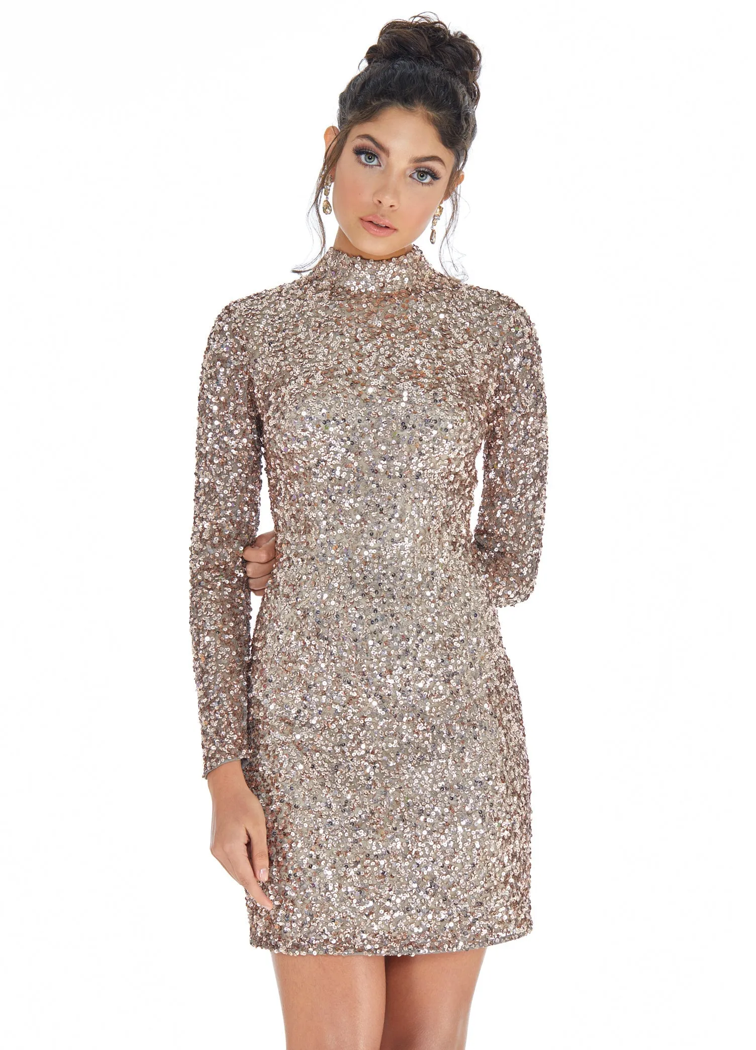 Ashley Lauren 4252 Size 4 Bright Pink Cocktail Dress long sleeve short sequin fitted homecoming dress