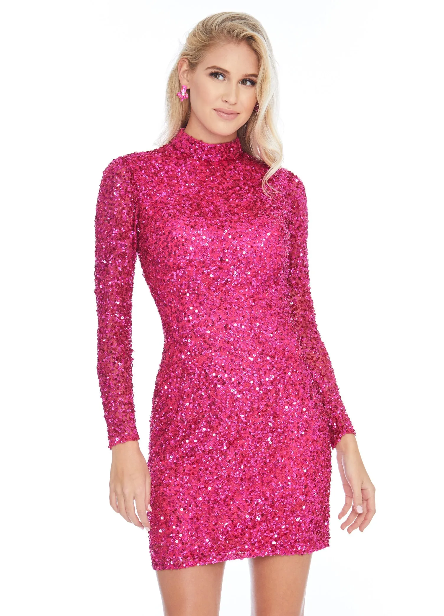 Ashley Lauren 4252 Size 4 Bright Pink Cocktail Dress long sleeve short sequin fitted homecoming dress