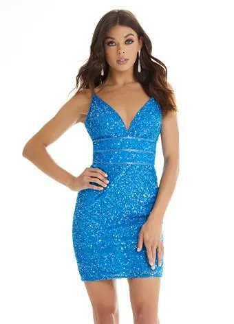 Ashley Lauren 4407 Size 4 sky blue Cocktail Dress sequins v neckline homecoming dress