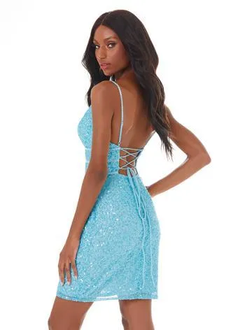 Ashley Lauren 4407 Size 4 sky blue Cocktail Dress sequins v neckline homecoming dress
