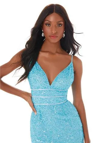 Ashley Lauren 4407 Size 4 sky blue Cocktail Dress sequins v neckline homecoming dress