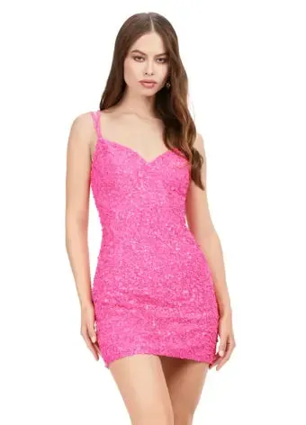Ashley Lauren 4625 size 12 Hot Pink Sequin Spaghetti Strap Cocktail Dress with Lace Up Back