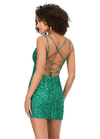 Ashley Lauren 4625 size 12 Hot Pink Sequin Spaghetti Strap Cocktail Dress with Lace Up Back