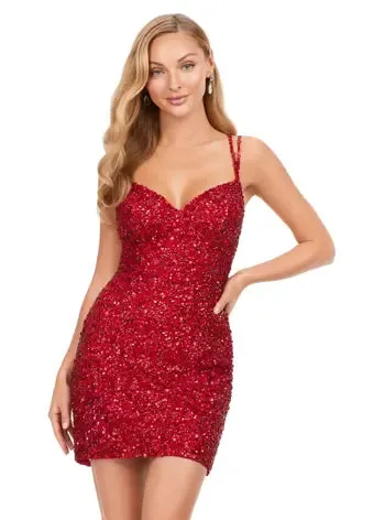 Ashley Lauren 4625 size 12 Hot Pink Sequin Spaghetti Strap Cocktail Dress with Lace Up Back