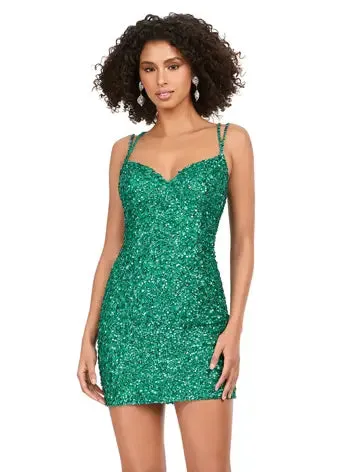 Ashley Lauren 4625 size 12 Hot Pink Sequin Spaghetti Strap Cocktail Dress with Lace Up Back