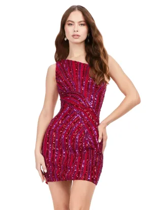 Ashley Lauren 4627 Sequin One Shoulder Lace Up Back Fitted Beaded Cocktail Homecoming Dress