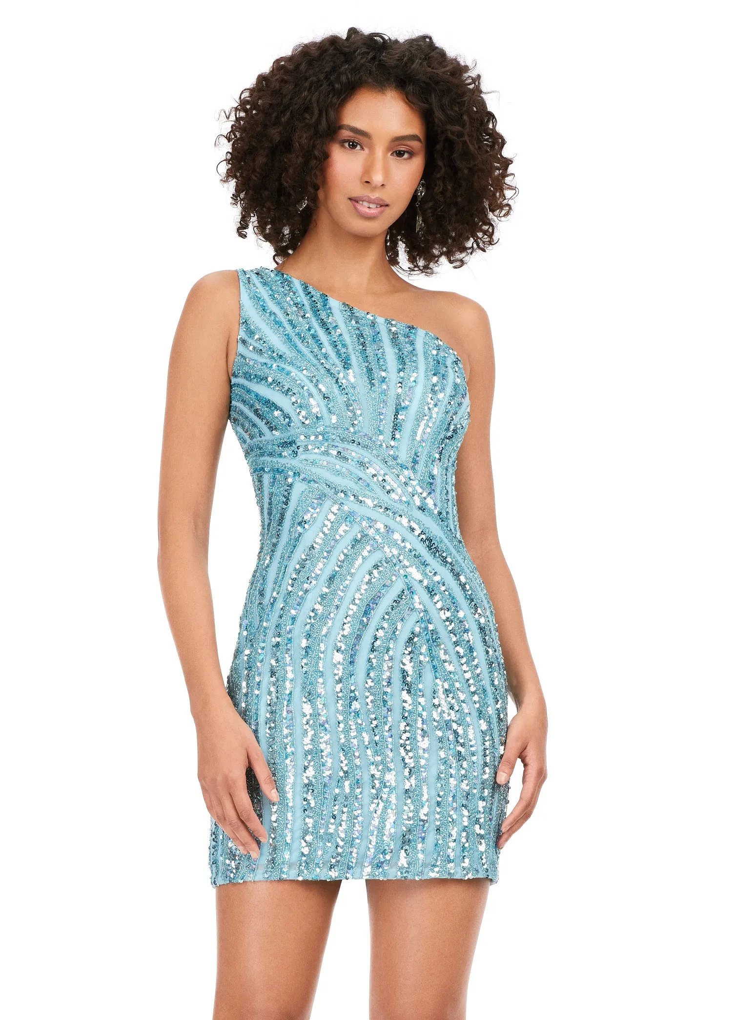 Ashley Lauren 4627 Sequin One Shoulder Lace Up Back Fitted Beaded Cocktail Homecoming Dress