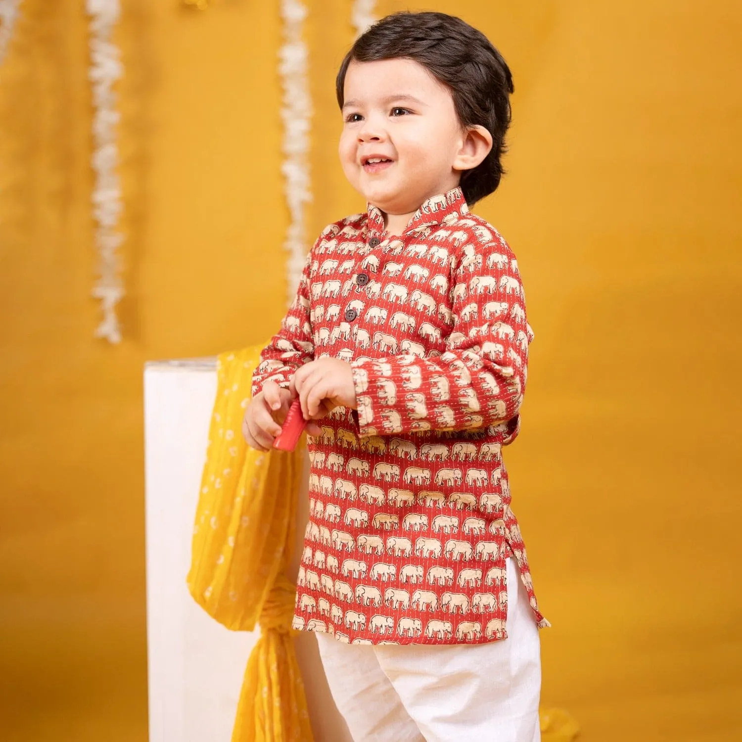 Baby Moo x Kurta Co. Traditional Ethnic Breathable Cotton Kurta Pajama Set with Enchanting Kantha Elephant Print - Red