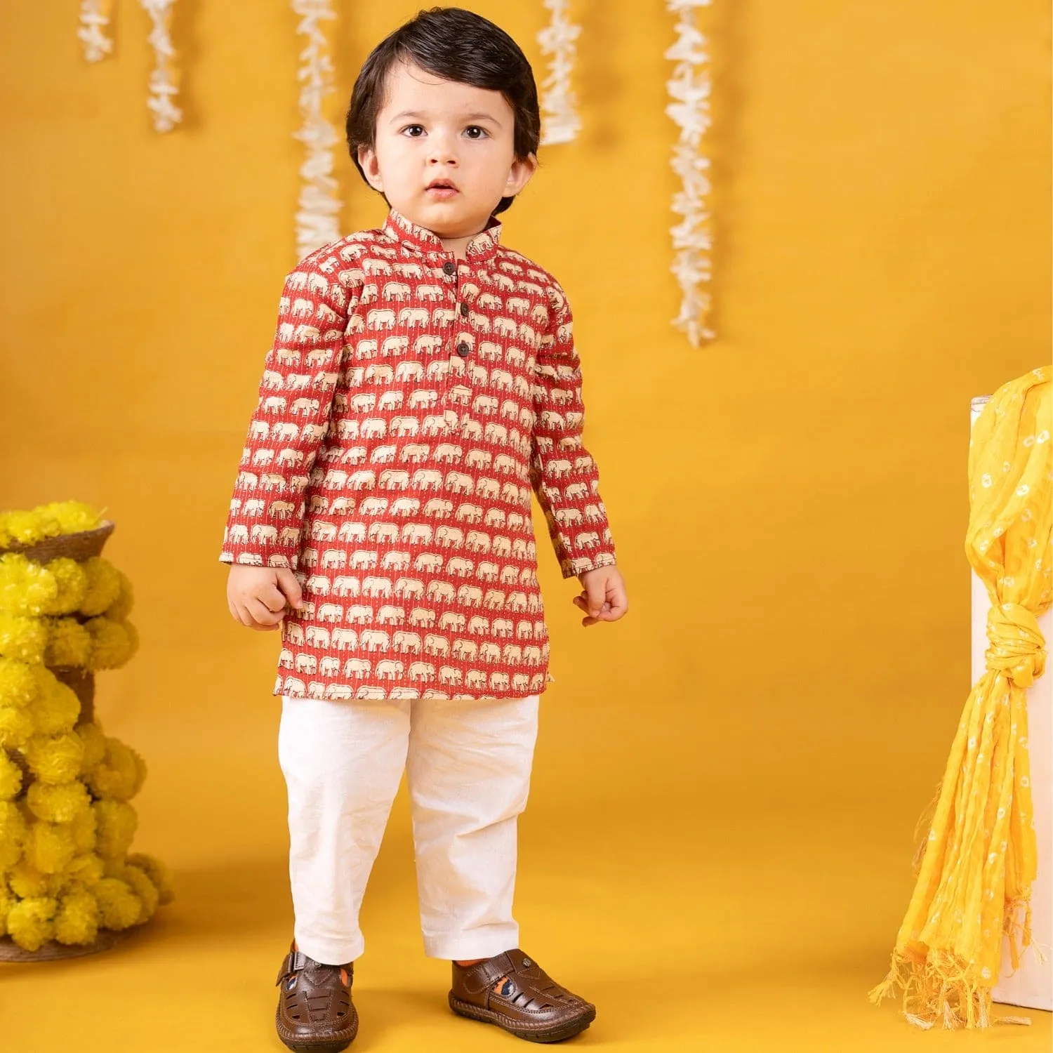 Baby Moo x Kurta Co. Traditional Ethnic Breathable Cotton Kurta Pajama Set with Enchanting Kantha Elephant Print - Red