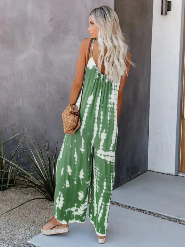 Boho Tie Dye Loose Casual Wide Leg Jumpsuit, On Sale