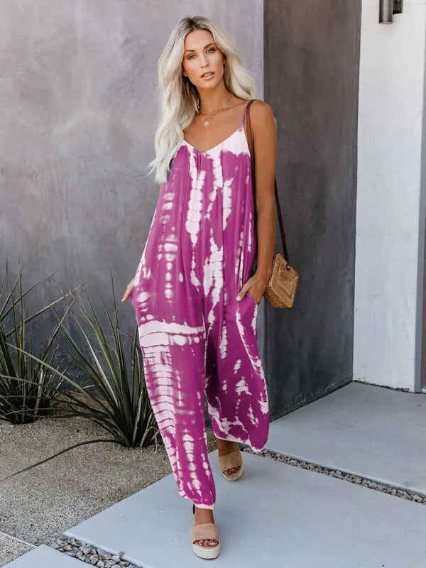 Boho Tie Dye Loose Casual Wide Leg Jumpsuit, On Sale