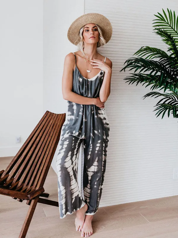 Boho Tie Dye Loose Casual Wide Leg Jumpsuit, On Sale