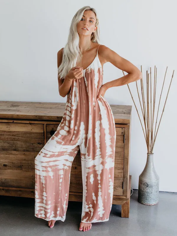 Boho Tie Dye Loose Casual Wide Leg Jumpsuit, On Sale