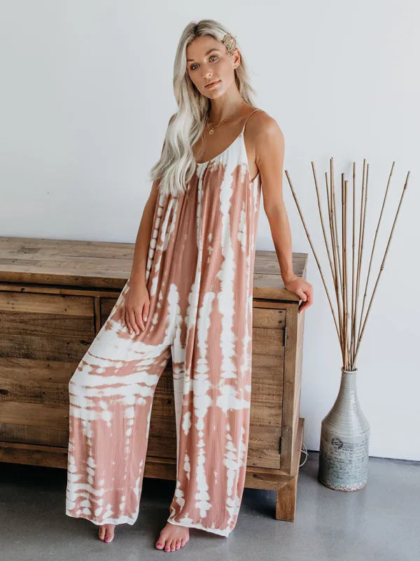 Boho Tie Dye Loose Casual Wide Leg Jumpsuit, On Sale