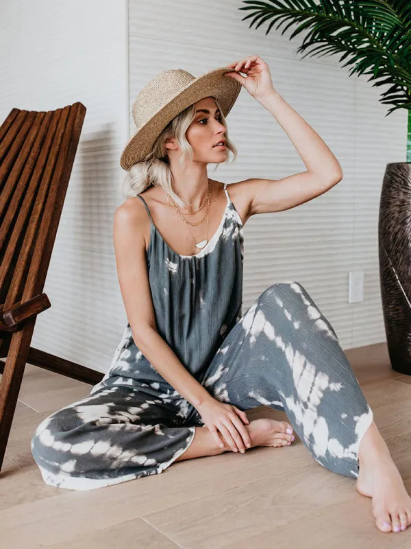 Boho Tie Dye Loose Casual Wide Leg Jumpsuit, On Sale