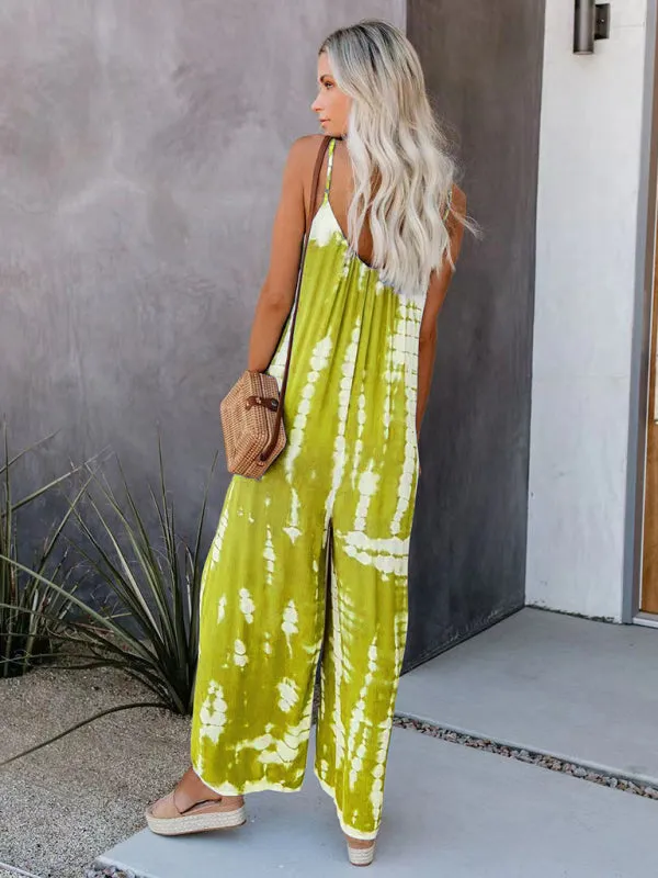 Boho Tie Dye Loose Casual Wide Leg Jumpsuit, On Sale