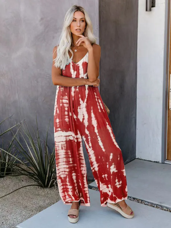 Boho Tie Dye Loose Casual Wide Leg Jumpsuit, On Sale