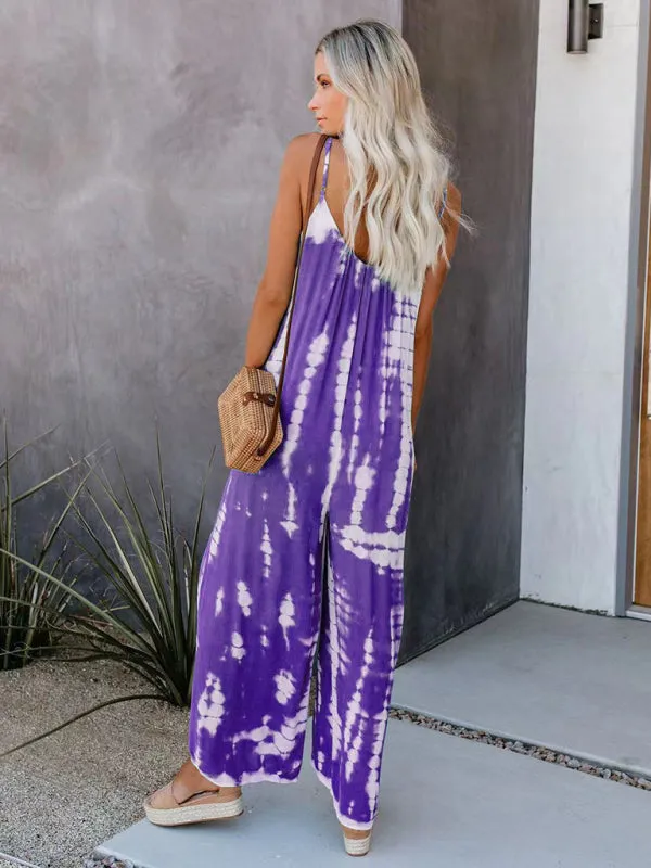 Boho Tie Dye Loose Casual Wide Leg Jumpsuit, On Sale