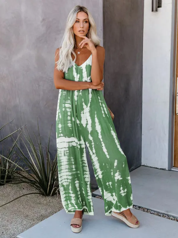 Boho Tie Dye Loose Casual Wide Leg Jumpsuit, On Sale