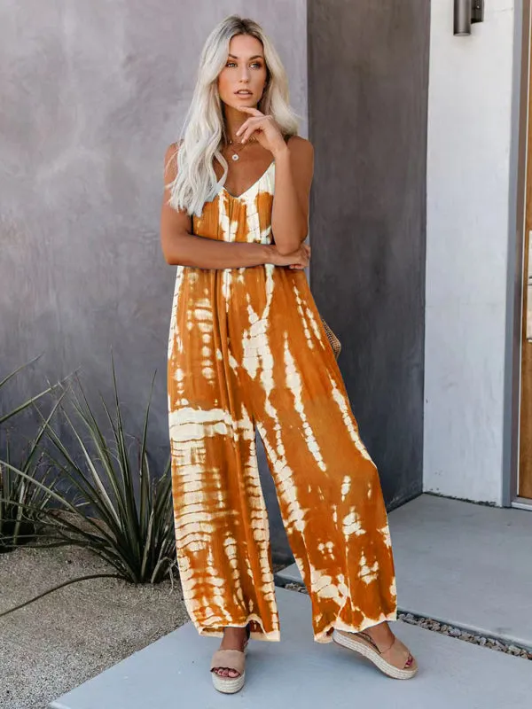 Boho Tie Dye Loose Casual Wide Leg Jumpsuit, On Sale