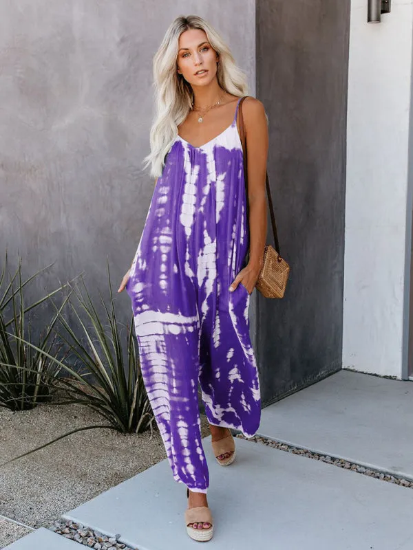 Boho Tie Dye Loose Casual Wide Leg Jumpsuit, On Sale
