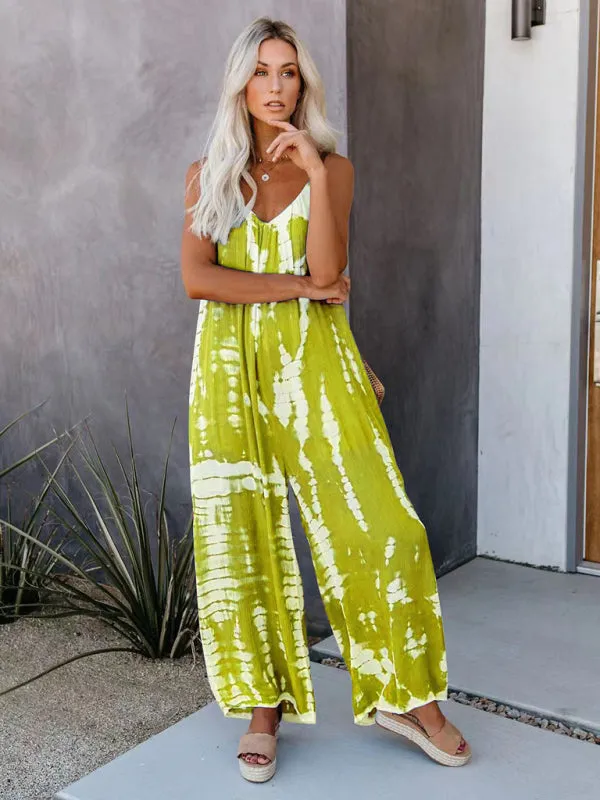 Boho Tie Dye Loose Casual Wide Leg Jumpsuit, On Sale
