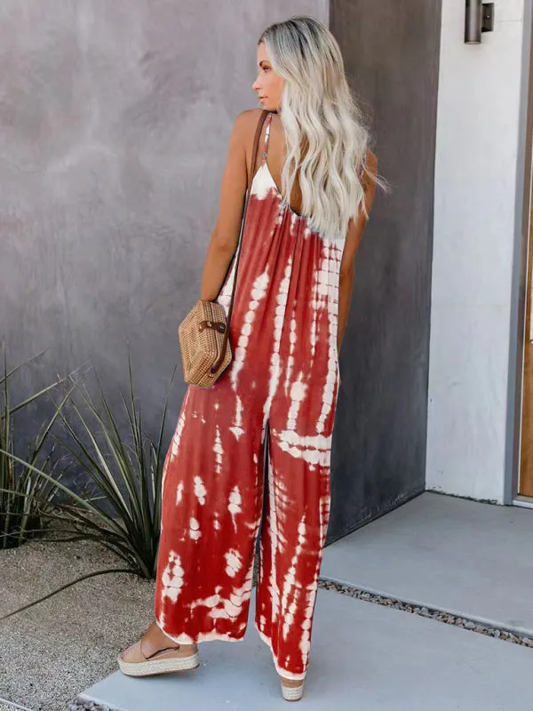Boho Tie Dye Loose Casual Wide Leg Jumpsuit, On Sale