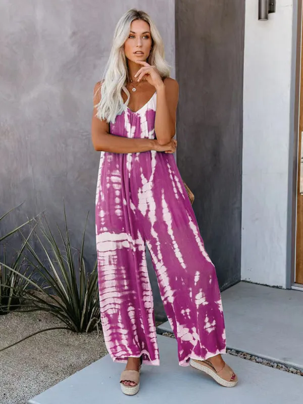 Boho Tie Dye Loose Casual Wide Leg Jumpsuit, On Sale