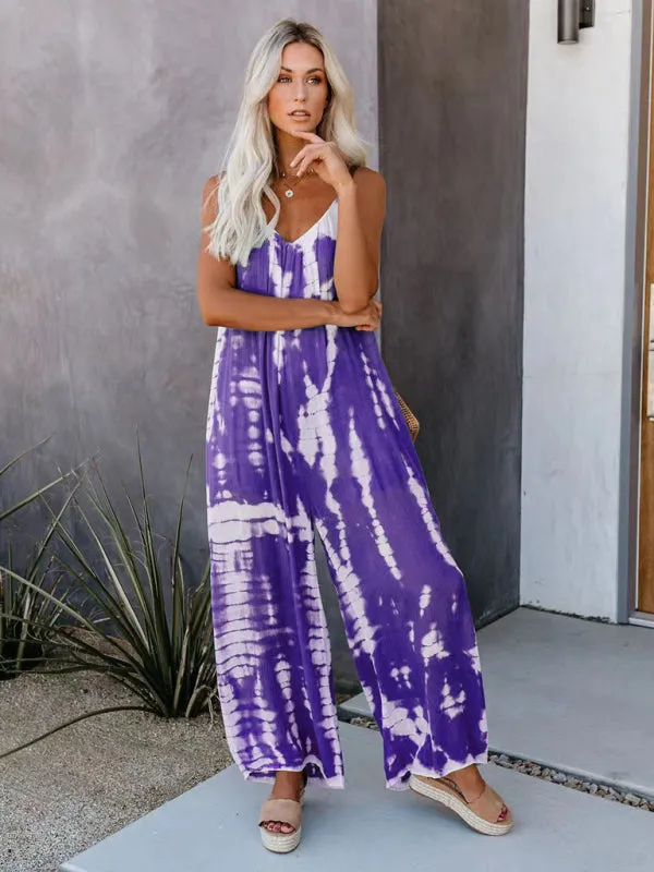 Boho Tie Dye Loose Casual Wide Leg Jumpsuit, On Sale