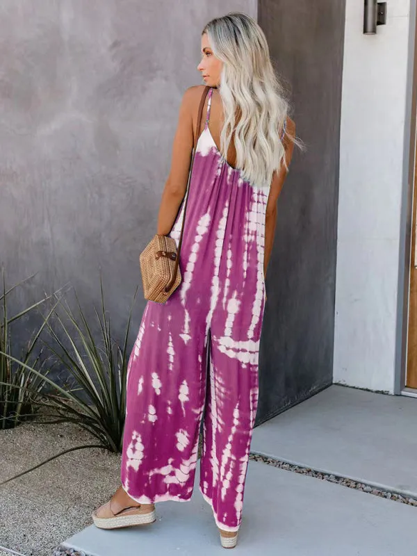 Boho Tie Dye Loose Casual Wide Leg Jumpsuit, On Sale