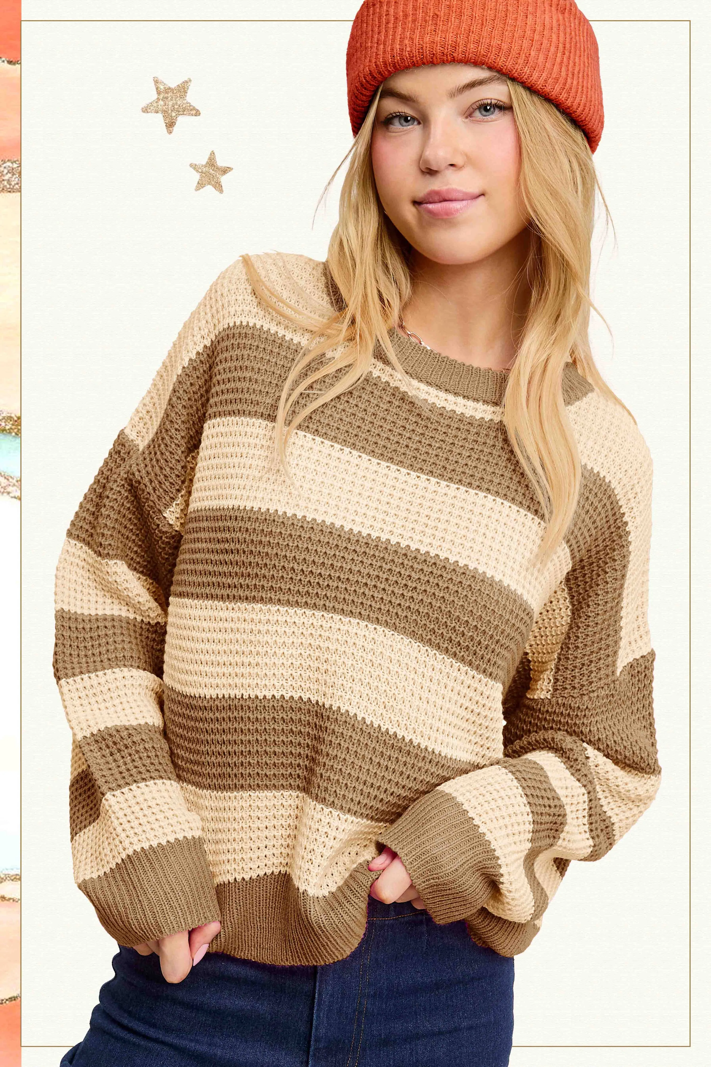 Brown and Tan Loose Fit Striped Round Neck Long Sleeve Sweater